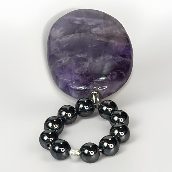 Natural Amethyst Gemstone & Hematite Oval Pendant - 10.8 grams - Picture 3 of 8